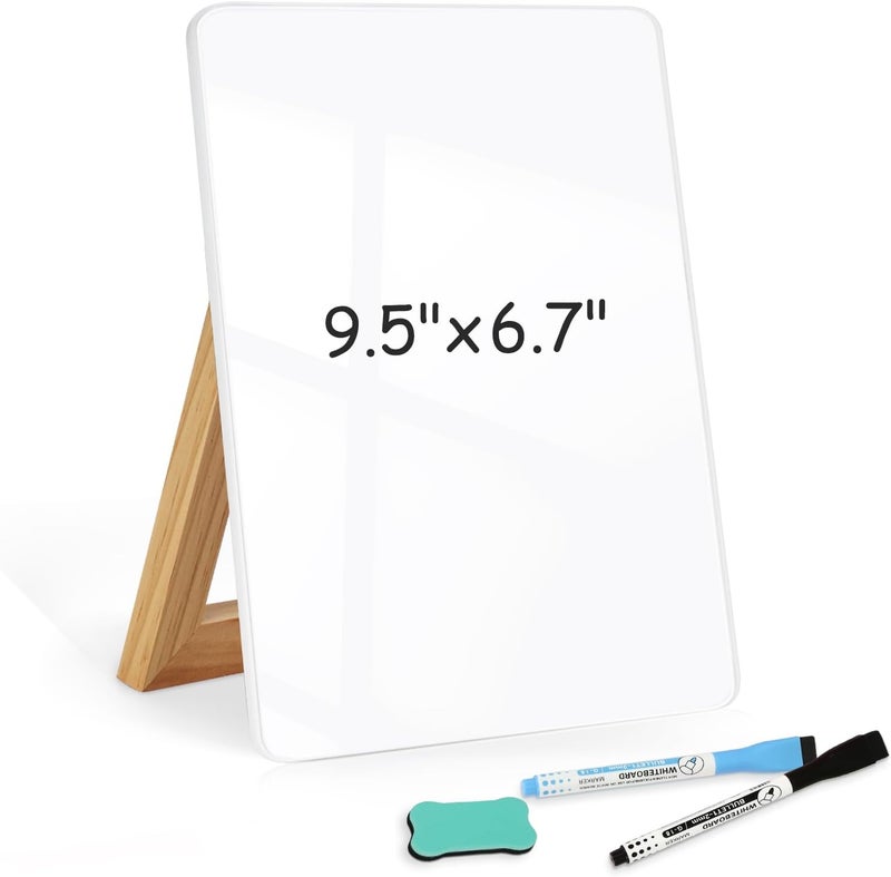 WALGLASS لوحة زجاجية بيضاء مكتبية 9.5" × 6.7" مع حامل خشبي قابل للعكس، لوحة جافة محمولة، سبورة بيضاء صغيرة للمكتب، دفتر ملاحظات قابل لإعادة الاستخدام مع 2 قلم وممحاة للاستخدام المنزلي والمكتبي - Image 1